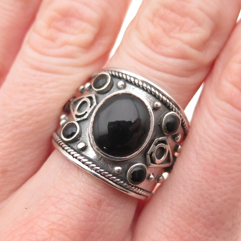 925 Sterling Silver Vintage Real Black Onyx Modernist Oxidized Ring Size 8.25